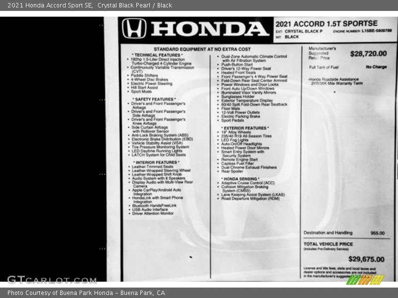Crystal Black Pearl / Black 2021 Honda Accord Sport SE