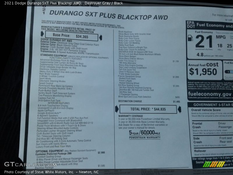  2021 Durango SXT Plus Blacktop AWD Window Sticker