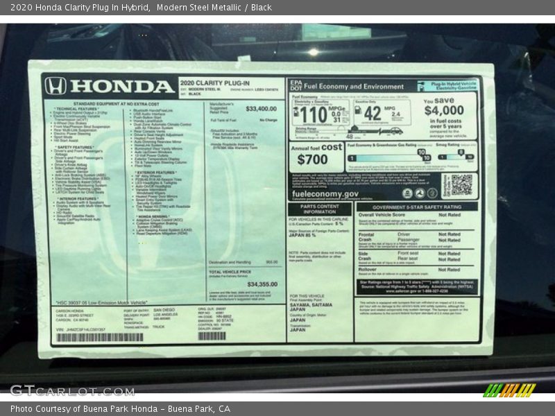  2020 Clarity Plug In Hybrid Window Sticker