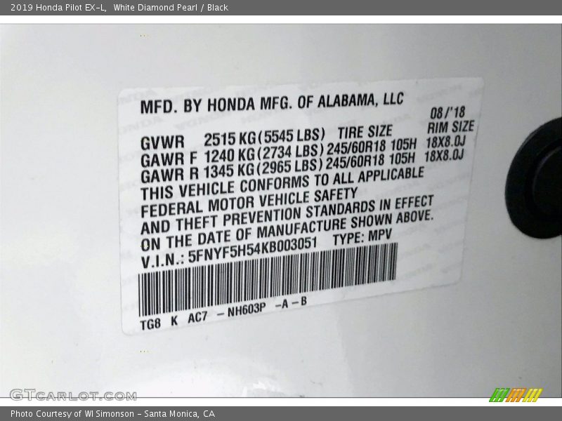White Diamond Pearl / Black 2019 Honda Pilot EX-L