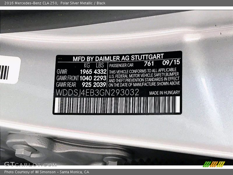 2016 CLA 250 Polar Silver Metallic Color Code 761
