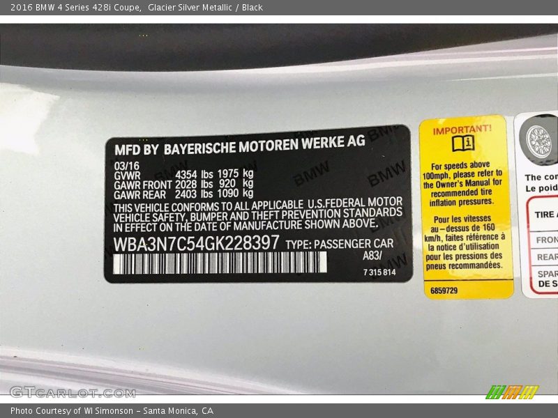 Glacier Silver Metallic / Black 2016 BMW 4 Series 428i Coupe