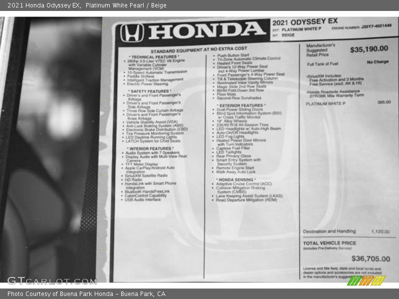 Platinum White Pearl / Beige 2021 Honda Odyssey EX
