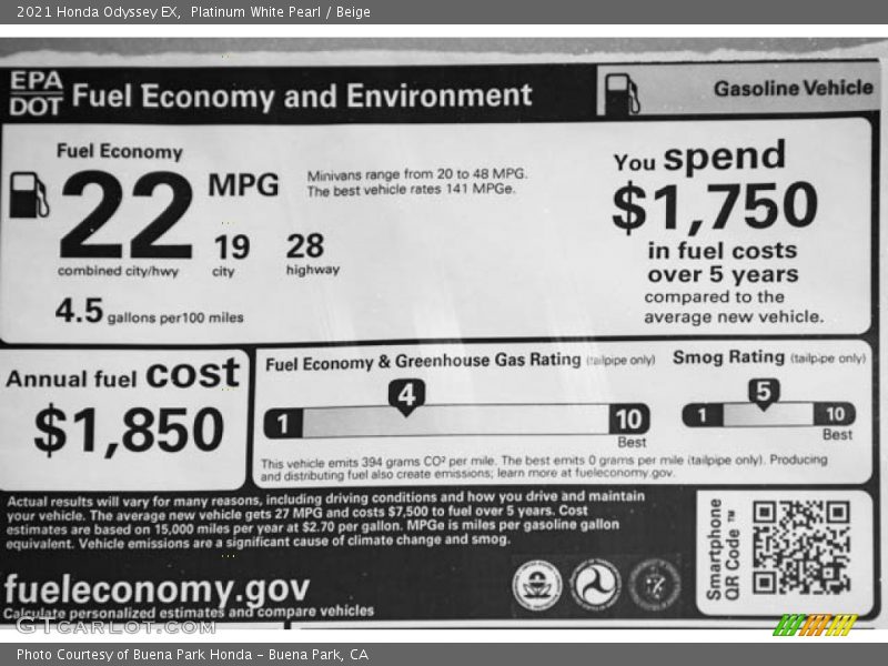 Platinum White Pearl / Beige 2021 Honda Odyssey EX