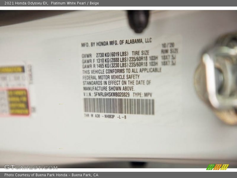 Platinum White Pearl / Beige 2021 Honda Odyssey EX