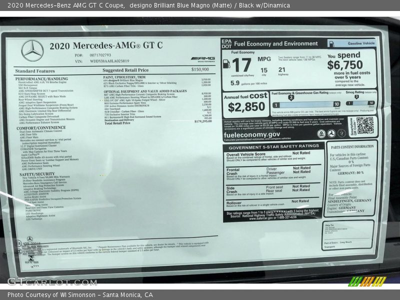  2020 AMG GT C Coupe Window Sticker