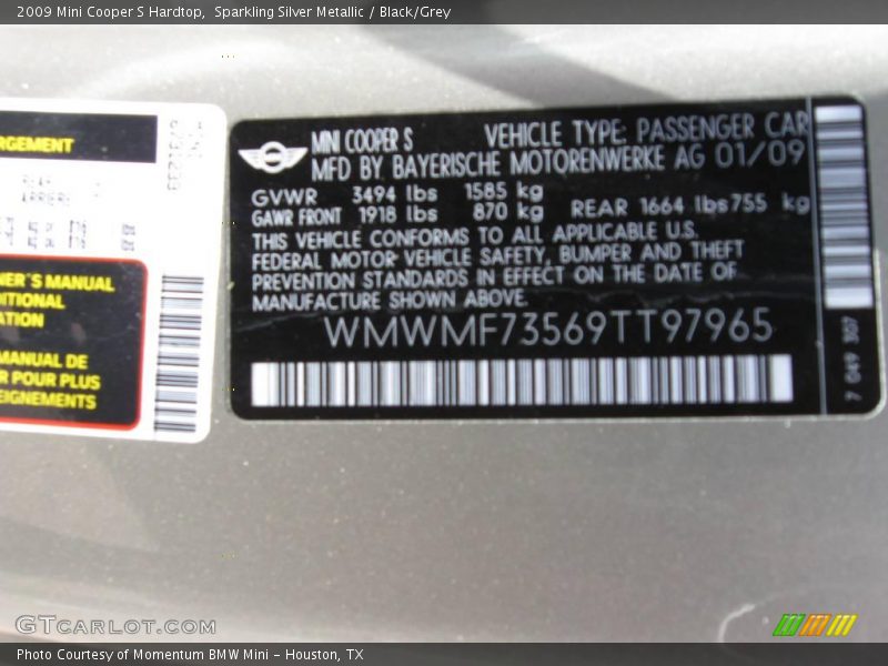 Sparkling Silver Metallic / Black/Grey 2009 Mini Cooper S Hardtop