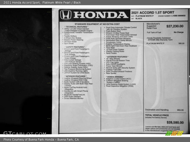 Platinum White Pearl / Black 2021 Honda Accord Sport