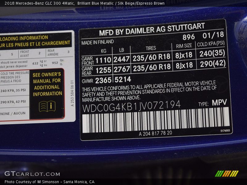 Brilliant Blue Metallic / Silk Beige/Espresso Brown 2018 Mercedes-Benz GLC 300 4Matic