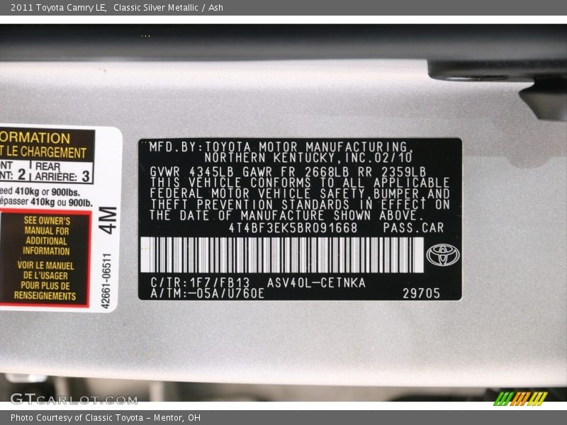 Classic Silver Metallic / Ash 2011 Toyota Camry LE