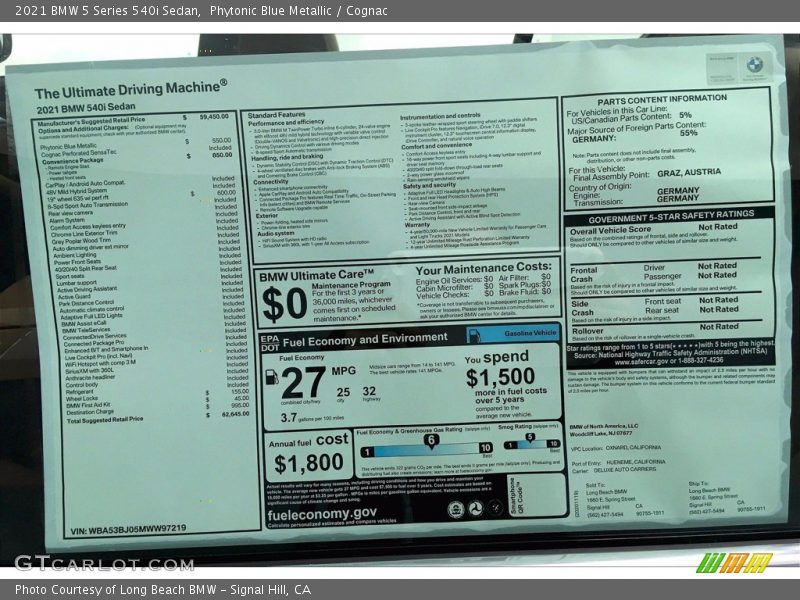  2021 5 Series 540i Sedan Window Sticker