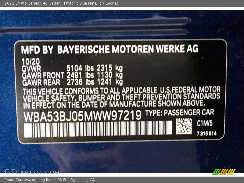 2021 5 Series 540i Sedan Phytonic Blue Metallic Color Code C1M