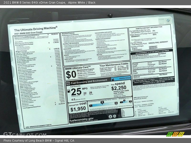  2021 8 Series 840i xDrive Gran Coupe Window Sticker