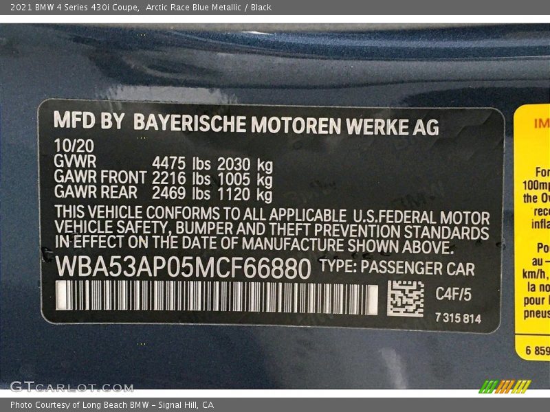 2021 4 Series 430i Coupe Arctic Race Blue Metallic Color Code C4F