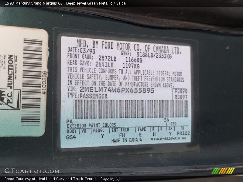 1993 Grand Marquis GS Deep Jewel Green Metallic Color Code PA
