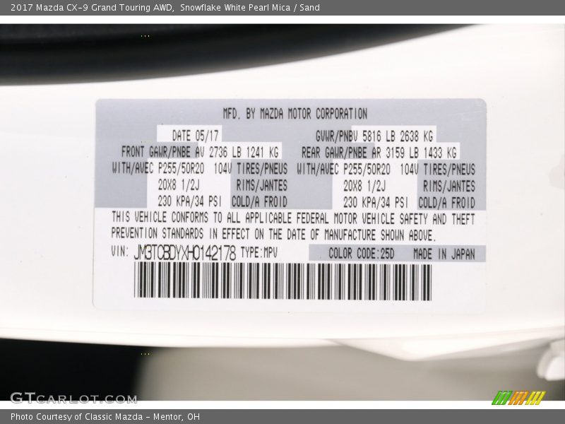 Snowflake White Pearl Mica / Sand 2017 Mazda CX-9 Grand Touring AWD