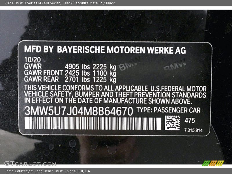 2021 3 Series M340i Sedan Black Sapphire Metallic Color Code 475