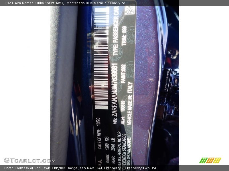 2021 Giulia Sprint AWD Montecarlo Blue Metallic Color Code 092