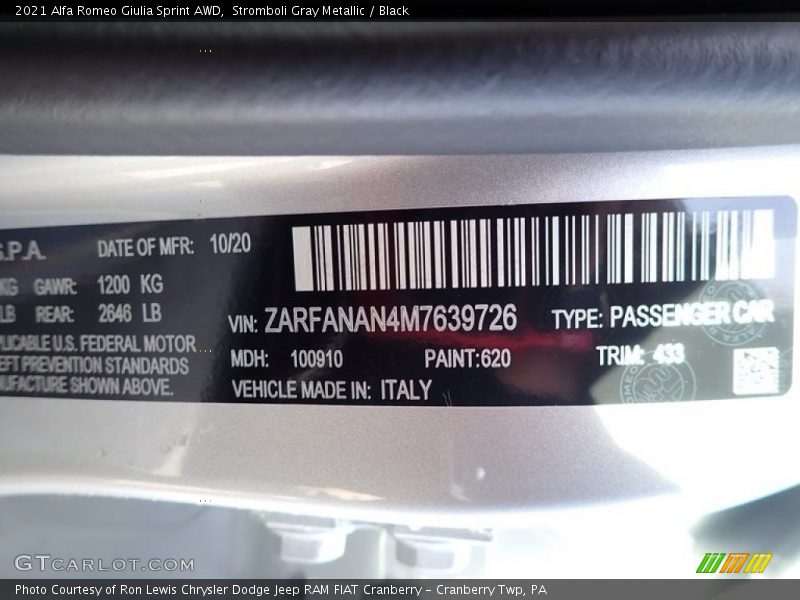 2021 Giulia Sprint AWD Stromboli Gray Metallic Color Code 433