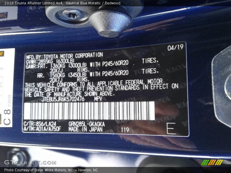 2019 4Runner Limited 4x4 Nautical Blue Metallic Color Code 8S6