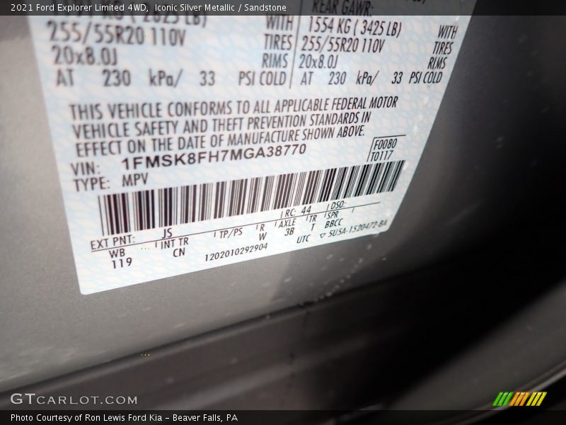 2021 Explorer Limited 4WD Iconic Silver Metallic Color Code JS