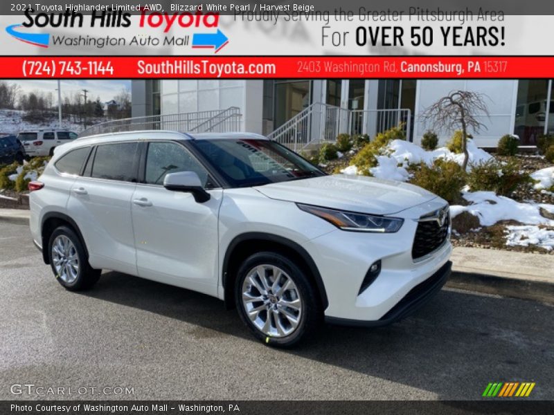 Blizzard White Pearl / Harvest Beige 2021 Toyota Highlander Limited AWD