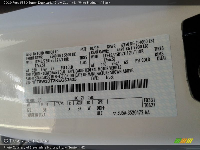 2019 F350 Super Duty Lariat Crew Cab 4x4 White Platinum Color Code UG