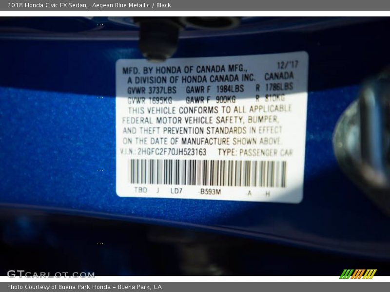 Aegean Blue Metallic / Black 2018 Honda Civic EX Sedan