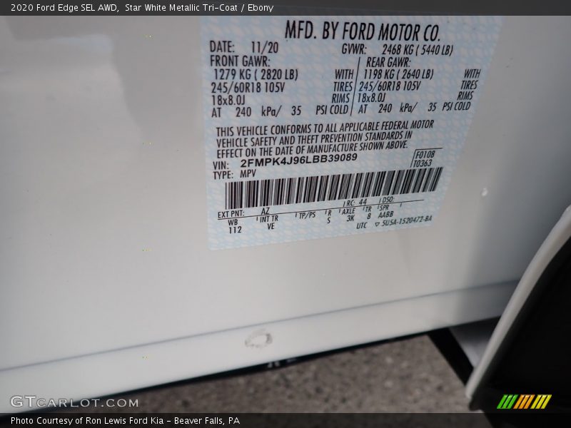 Star White Metallic Tri-Coat / Ebony 2020 Ford Edge SEL AWD