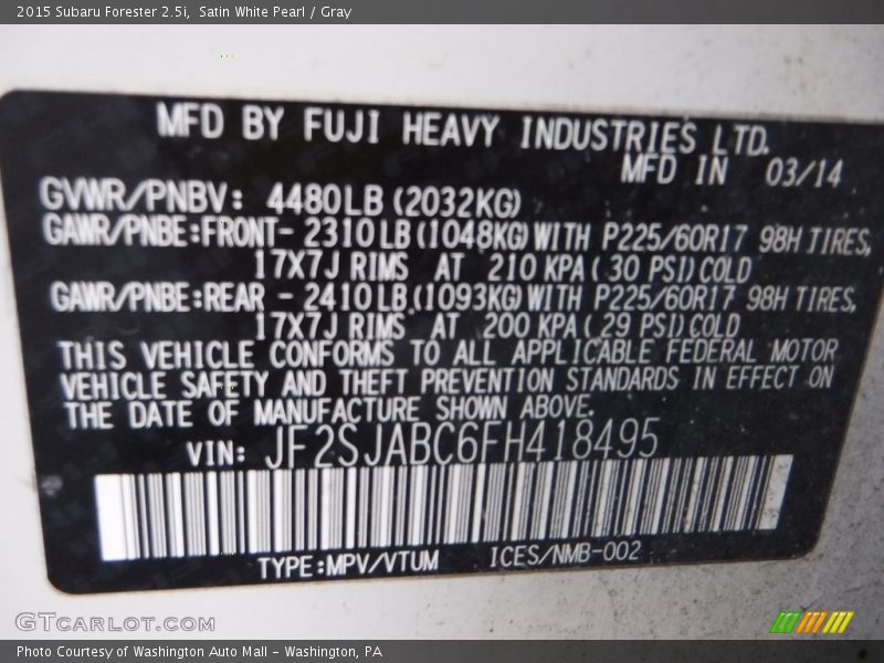 Satin White Pearl / Gray 2015 Subaru Forester 2.5i