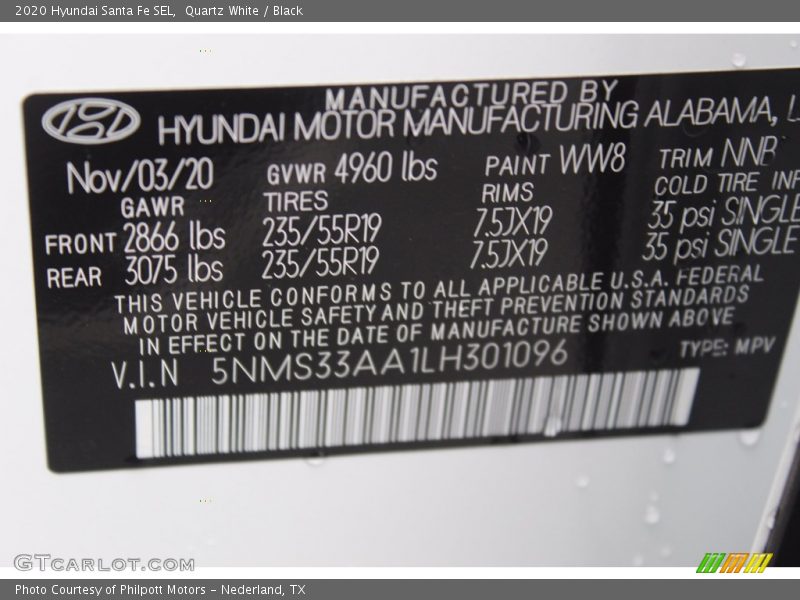 Quartz White / Black 2020 Hyundai Santa Fe SEL