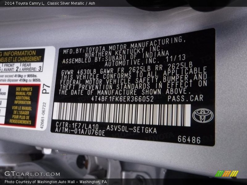 Classic Silver Metallic / Ash 2014 Toyota Camry L