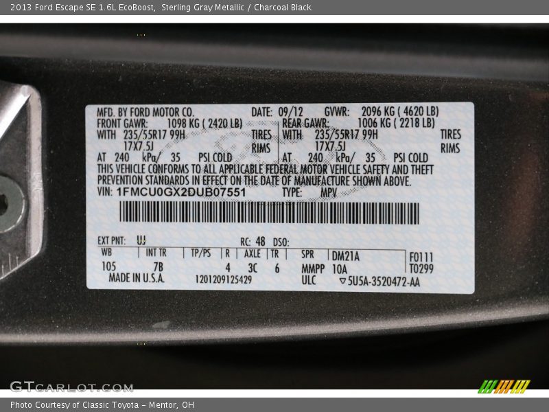 Sterling Gray Metallic / Charcoal Black 2013 Ford Escape SE 1.6L EcoBoost