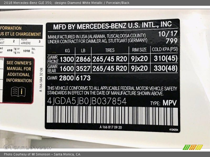 2018 GLE 350 designo Diamond White Metallic Color Code 799