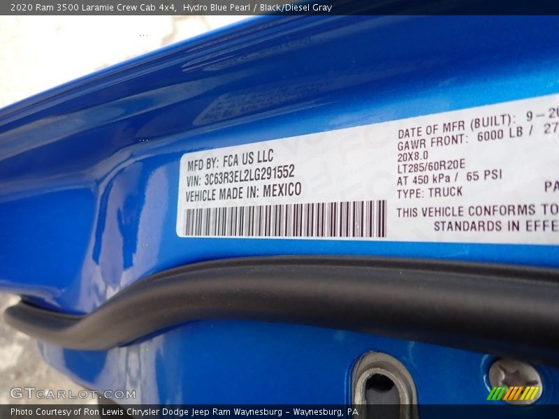Hydro Blue Pearl / Black/Diesel Gray 2020 Ram 3500 Laramie Crew Cab 4x4