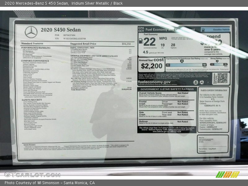  2020 S 450 Sedan Window Sticker