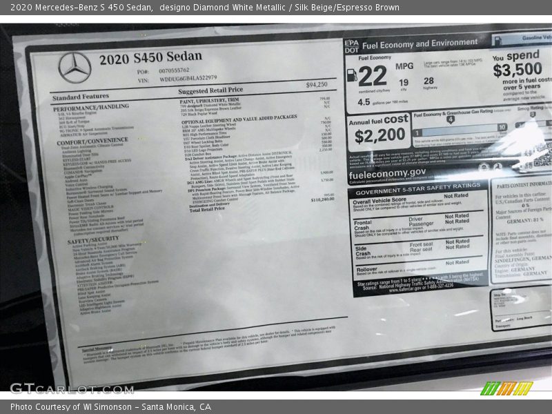 designo Diamond White Metallic / Silk Beige/Espresso Brown 2020 Mercedes-Benz S 450 Sedan