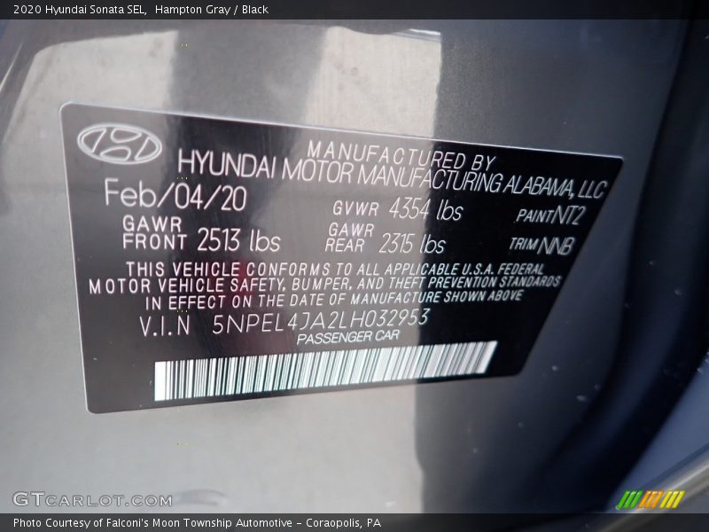 Hampton Gray / Black 2020 Hyundai Sonata SEL