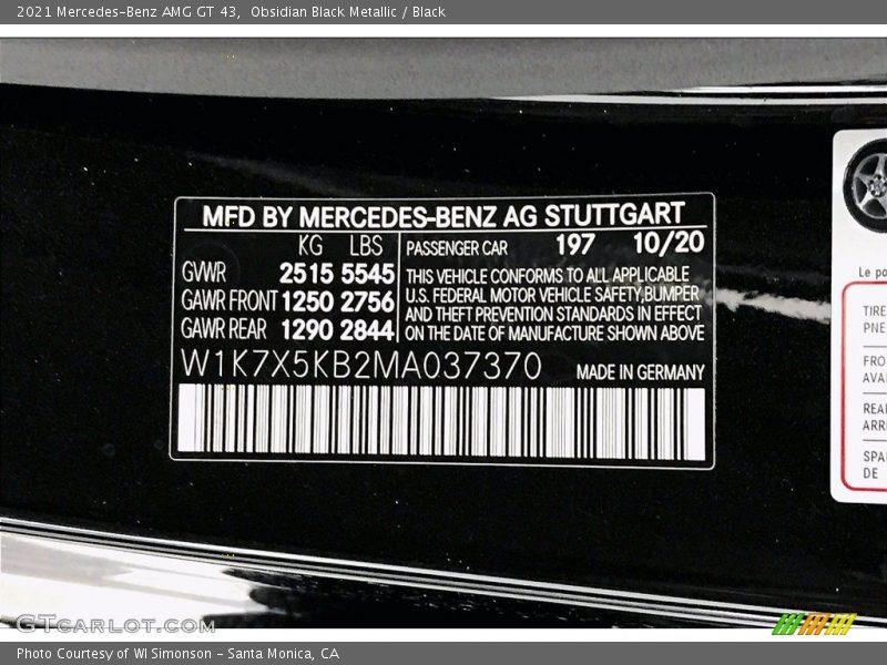 2021 AMG GT 43 Obsidian Black Metallic Color Code 197