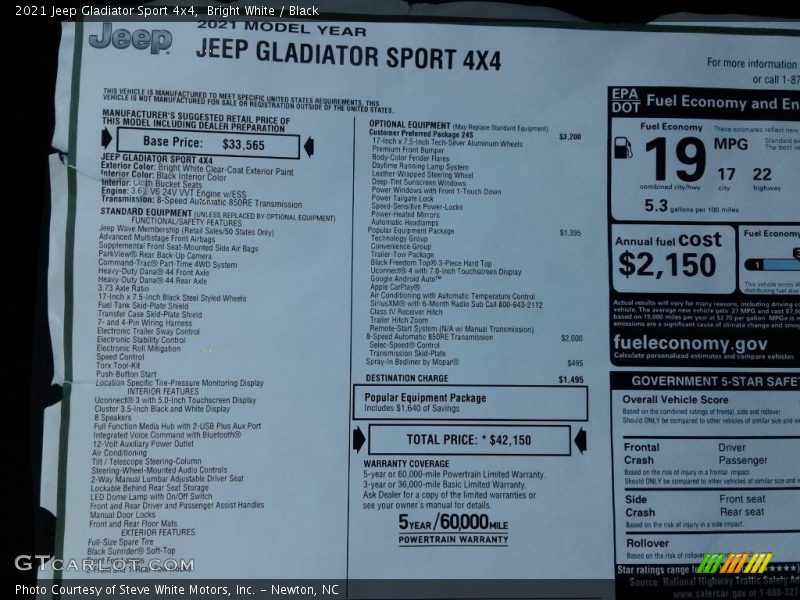 Bright White / Black 2021 Jeep Gladiator Sport 4x4