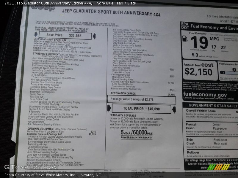 Hydro Blue Pearl / Black 2021 Jeep Gladiator 80th Anniversary Edition 4x4