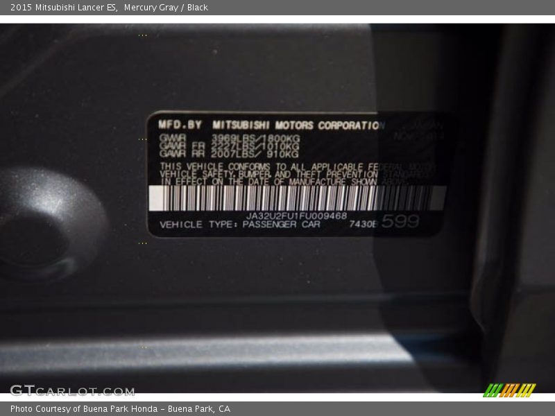 Mercury Gray / Black 2015 Mitsubishi Lancer ES