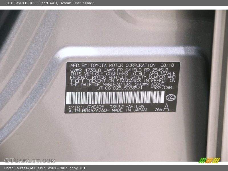 Atomic Silver / Black 2018 Lexus IS 300 F Sport AWD