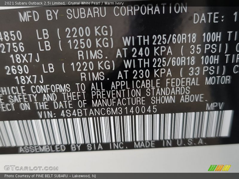 Crystal White Pearl / Warm Ivory 2021 Subaru Outback 2.5i Limited