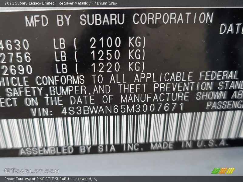Ice Silver Metallic / Titanium Gray 2021 Subaru Legacy Limited