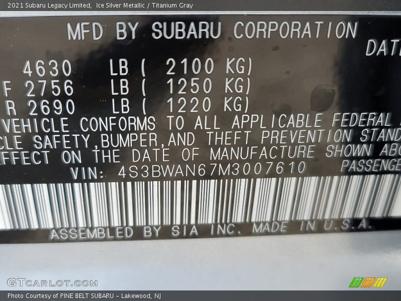 Ice Silver Metallic / Titanium Gray 2021 Subaru Legacy Limited