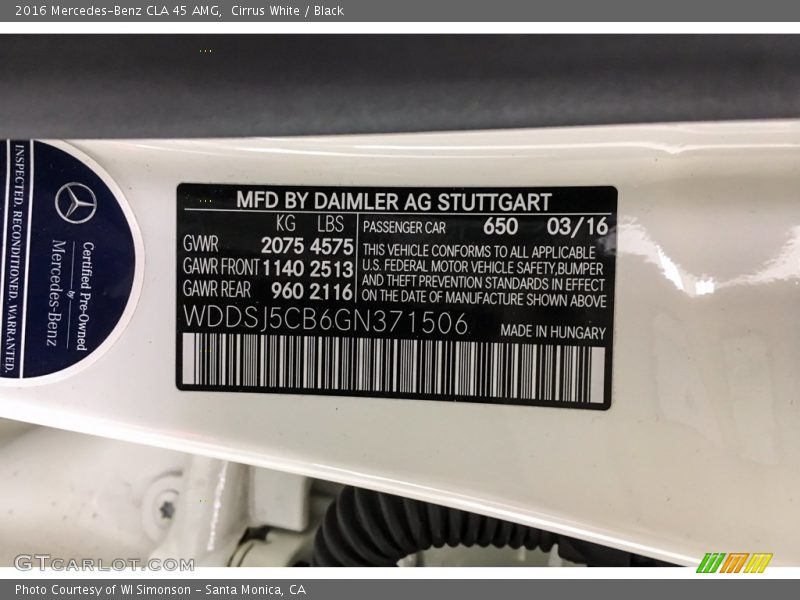 Cirrus White / Black 2016 Mercedes-Benz CLA 45 AMG