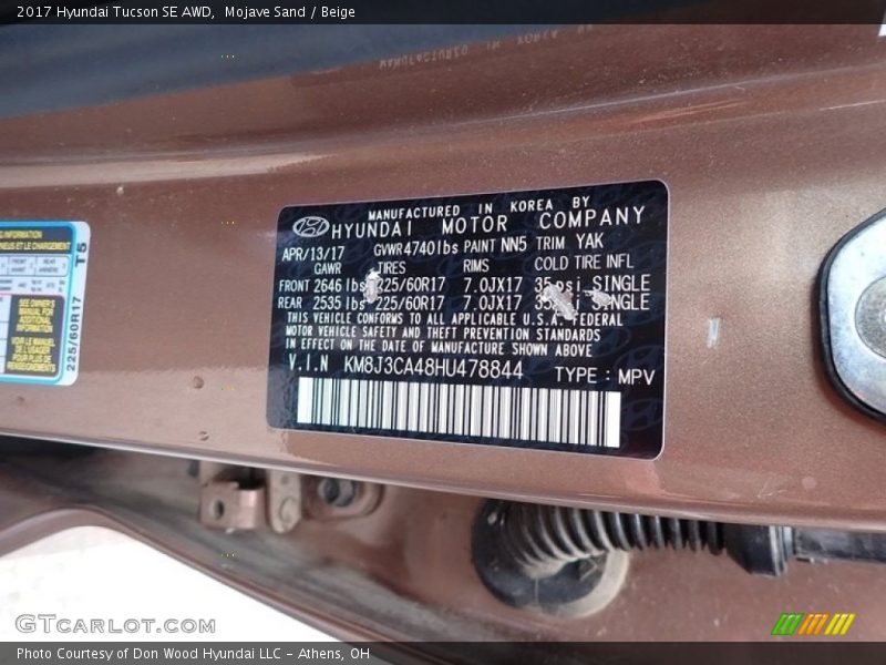 Mojave Sand / Beige 2017 Hyundai Tucson SE AWD