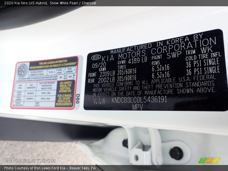 Snow White Pearl / Charcoal 2020 Kia Niro LXS Hybrid
