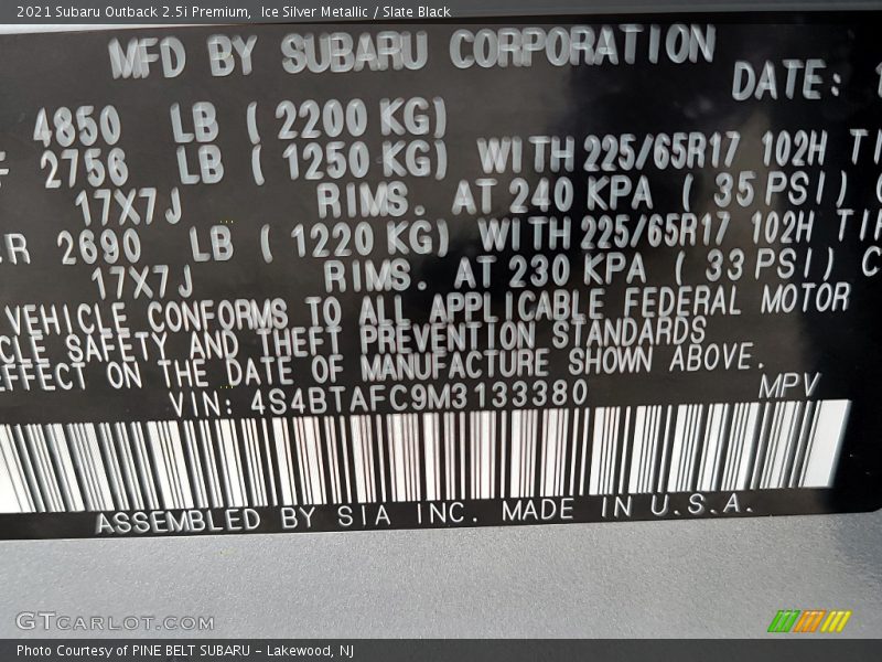 Ice Silver Metallic / Slate Black 2021 Subaru Outback 2.5i Premium